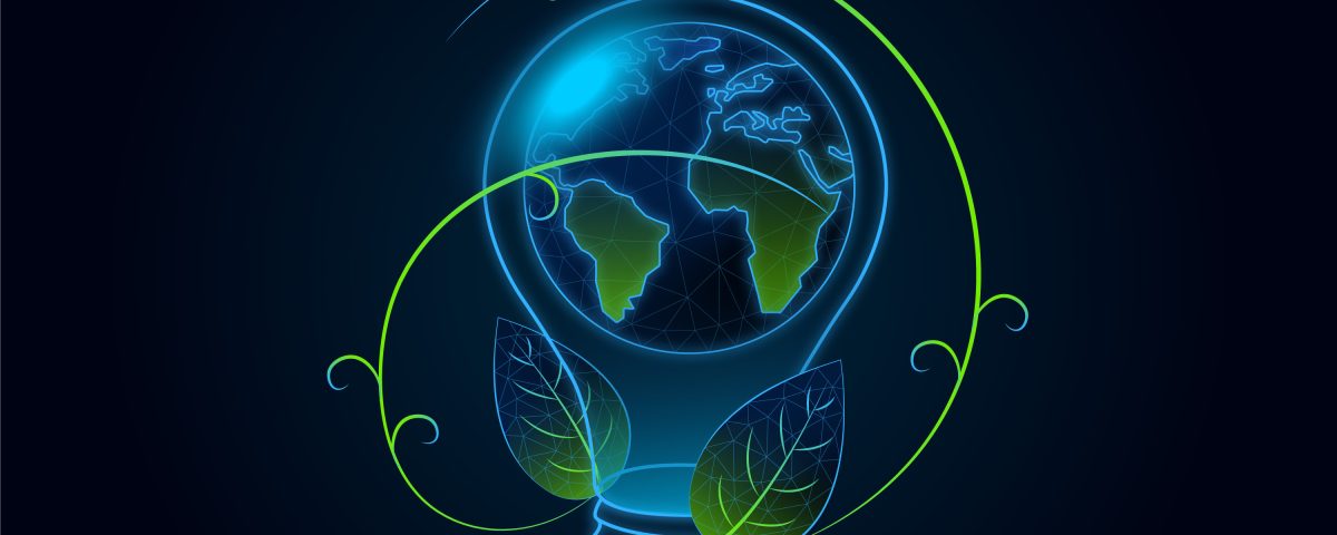 Imagem gráfica, traz a ilustração de uma lâmpada e no centro dela está o planeta terra. Tudo isso em um fundo preto e com detalhes em azul e verde.