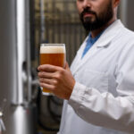 Homem usando jaleco branco segura um copo de cerveja artesanal, com coloração âmbar e uma camada de espuma cremosa no topo, em um ambiente industrial. Ao fundo, tanques de aço inoxidável, comuns em cervejarias, indicam o processo de produção e carbonatação de cerveja. A cena destaca a análise visual da bebida, um passo importante no controle de qualidade da carbonatação e da textura da espuma.