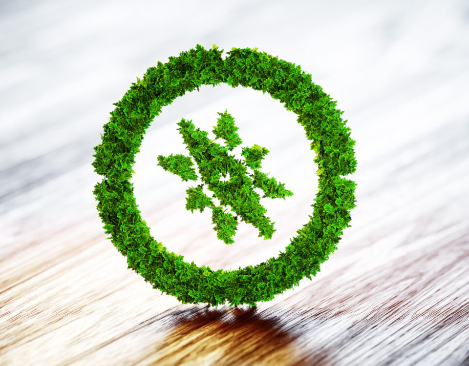 Um símbolo verde, feito com folhas e vegetação, representa um círculo com uma árvore estilizada no centro. Esse elemento visual remete à neutralidade de carbono, destacando práticas sustentáveis e o compromisso com a compensação de emissões de CO₂. A imagem sugere harmonia entre progresso e meio ambiente, simbolizando ações como reflorestamento, uso de fontes renováveis e a busca por um equilíbrio ecológico em prol da preservação do planeta.