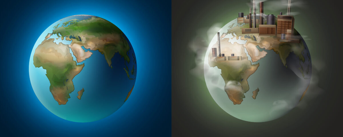 Ilustração dividida em duas partes contrastantes. À esquerda, um planeta Terra com núcleos vibrantes, protegendo um ambiente saudável, sem poluição, com foco na preservação ambiental. À direita, o mesmo planeta aparece coberto por indústrias e fumaça, simbolizando o impacto da emissão de gases poluentes. Essa imagem destaca a importância da redução de gases do efeito estufa