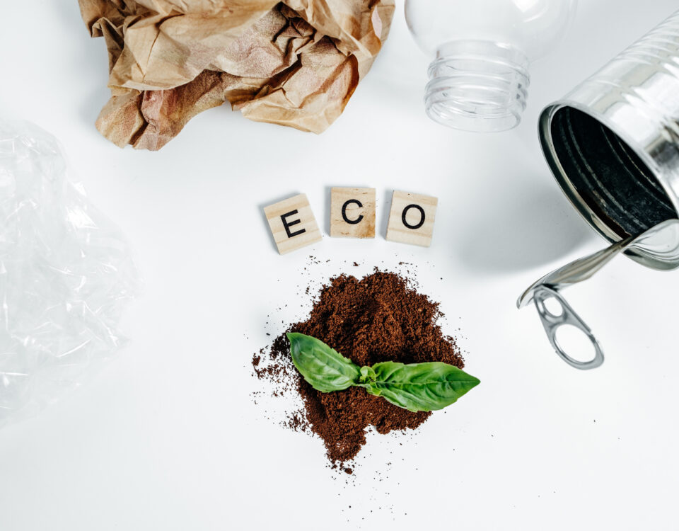 Imagem conceitual sobre biossoluções e sustentabilidade. No centro, a palavra 'ECO' é formada por três blocos de madeira, rodeada por elementos que remetem ao reaproveitamento e reciclagem: uma lata metálica aberta, um recipiente de plástico transparente, papel amassado e um pedaço de plástico. Em primeiro plano, uma pequena pilha de borra de café usada serve de substrato para uma folha verde, simbolizando o reaproveitamento de resíduos orgânicos como solução ecológica.