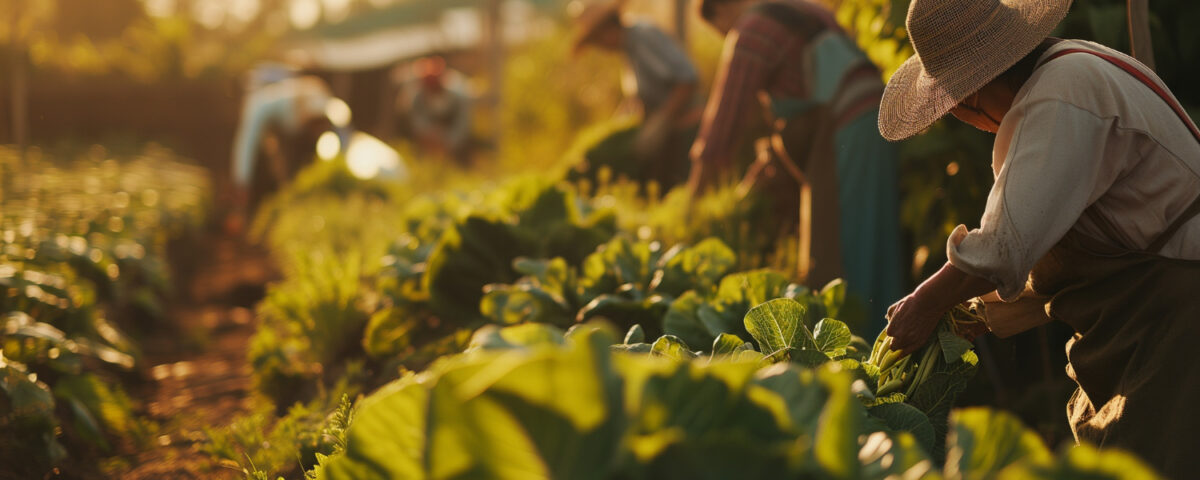 Agricultores colhem hortaliças em uma plantação de agricultura orgânica ao pôr do sol. No primeiro plano, uma trabalhadora com chapéu de palha e roupas simples cuida das folhas verdes, garantindo uma colheita saudável e sustentável. Outros agricultores, ao fundo, realizam atividades semelhantes em meio à vegetação abundante. A cena transmite um ambiente rural harmonioso, destacando práticas agroecológicas que preservam o solo e a biodiversidade.