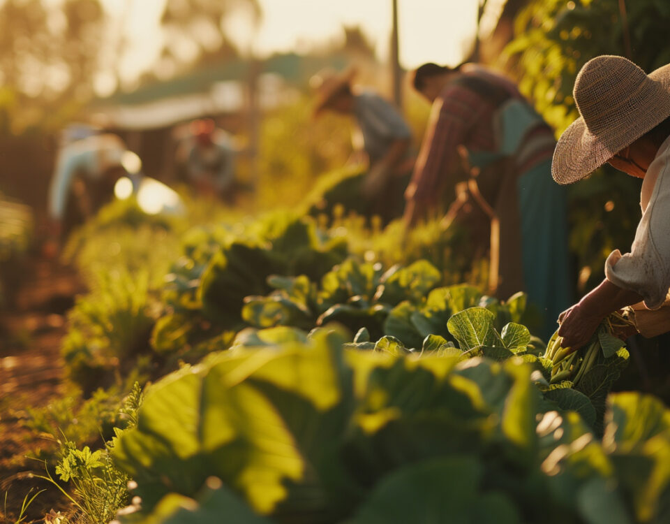 Agricultores colhem hortaliças em uma plantação de agricultura orgânica ao pôr do sol. No primeiro plano, uma trabalhadora com chapéu de palha e roupas simples cuida das folhas verdes, garantindo uma colheita saudável e sustentável. Outros agricultores, ao fundo, realizam atividades semelhantes em meio à vegetação abundante. A cena transmite um ambiente rural harmonioso, destacando práticas agroecológicas que preservam o solo e a biodiversidade.