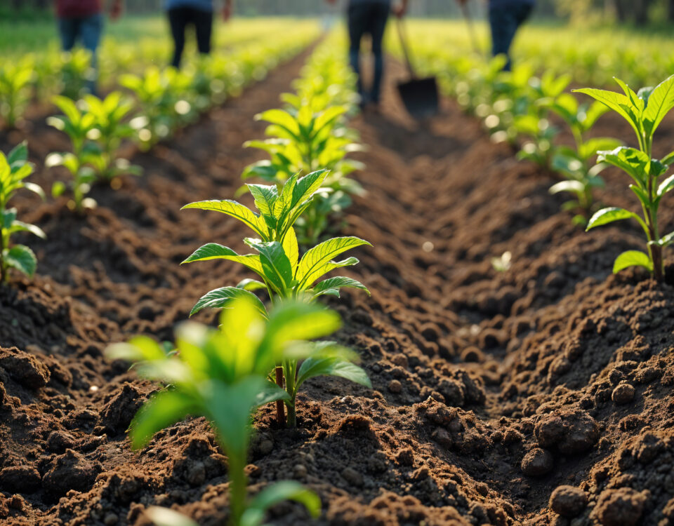 Plantação em solo fértil com mudas jovens crescendo em fileiras bem organizadas. Em segundo plano, quatro agricultores trabalham na terra, simbolizando o manejo sustentável do solo. A cena destaca a importância do uso de fertilizantes biológicos para fortalecer as plantas e melhorar o controle de pragas, reduzindo a necessidade de defensivos químicos e promovendo um ecossistema equilibrado na lavoura